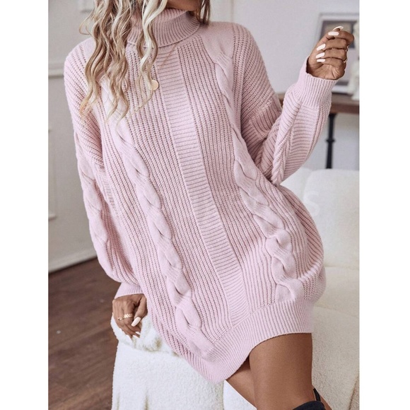 Baby Pink Oversized Sweater Dress Cable Knit Turtleneck Long SLeeve - Picture 2 of 7
